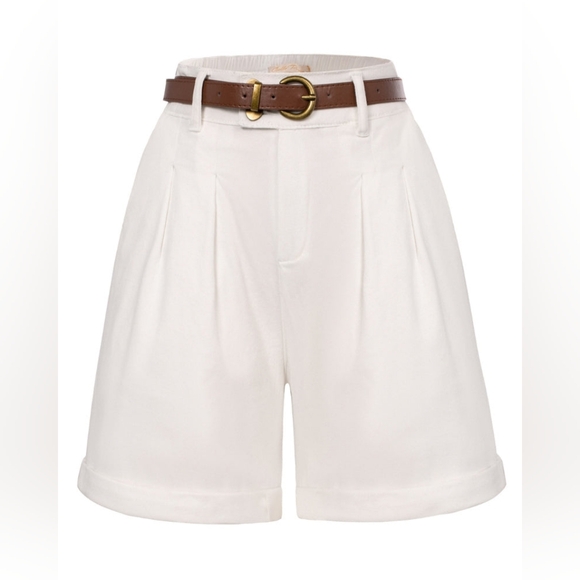 Belle Poque - White Stretch Jean Shorts w Fold-up Leg Opening & Belt - XL - Picture 1 of 4